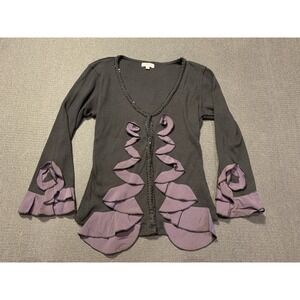 Cordelia Ruffle V Neck Snap Button Sweater Black Size Small Black And‎ Purple